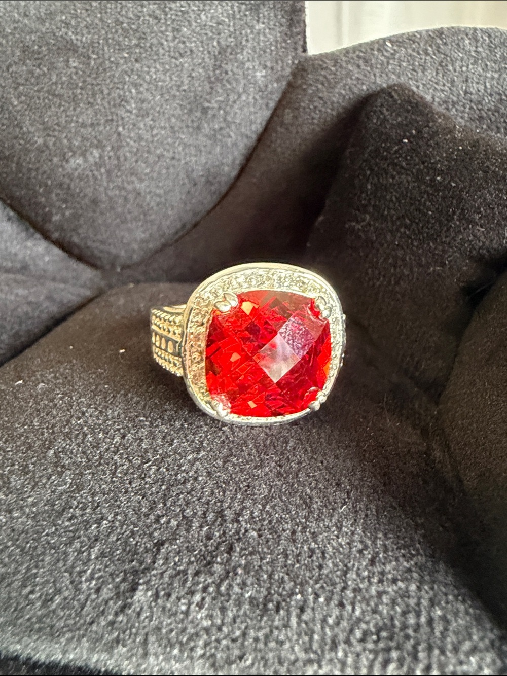 Red Cushion-Cut Cocktail Ring with Antique Silver Setting